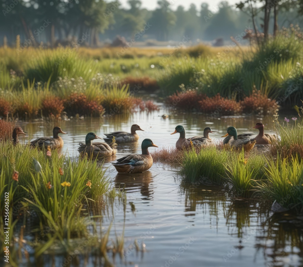 Flock of colorful ducks swimming in a marshy wetland, nature reserve, wildlife photography, ducks Flock of colorful ducks swimming in a marshy wetland, nature reserve, wildlife photography, ducks