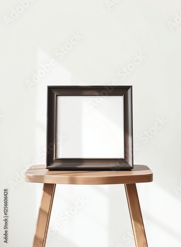 an image of a picture frame sitting on a wooden table, there is a picture frame on a wooden table with a shadow photo