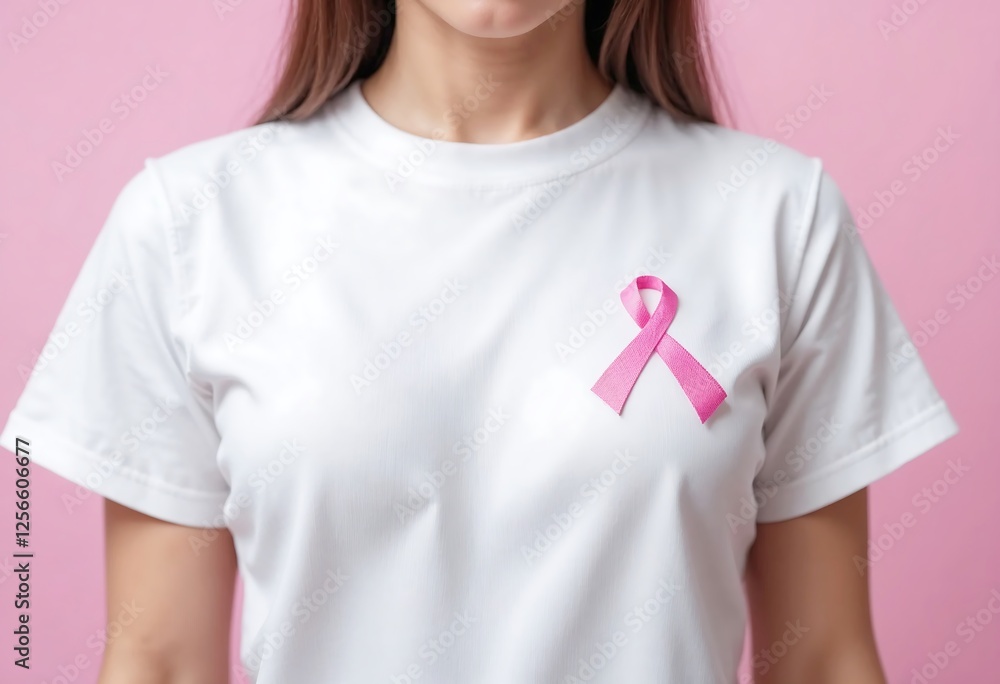Woman wearing a white shirt with a pink ribbon for breast cancer awareness against a soft pink background. Woman wearing a white shirt with a pink ribbon for breast cancer awareness against a soft pink background.