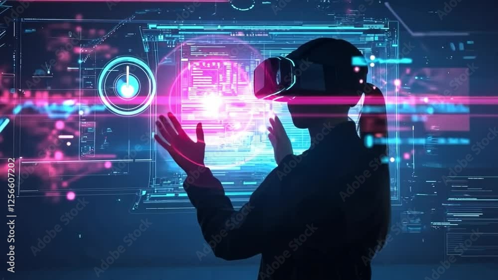 Into the Metaverse: A woman wearing a VR headset immerses herself in a futuristic digital world, her hands reaching out to interact with glowing holographic data and interfaces. Into the Metaverse: A woman wearing a VR headset immerses herself in a futuristic digital world, her hands reaching out to interact with glowing holographic data and interfaces.