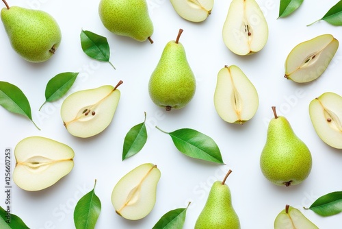 Isolated green pear slices on a white background viewed from above