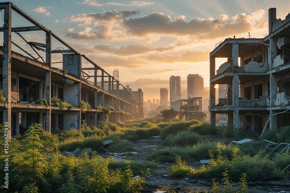 Obraz premium Reviving Urban Ecosystem at Sunrise Post Disaster with Abandoned Buildings and Nature Recovery