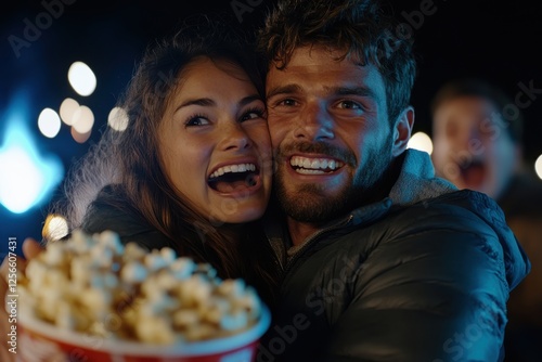 A joyful couple celebrates an eventful movie night filled with laughter, hugs, and cinema snacks, perfectly capturing the essence of shared happiness and entertainment. photo