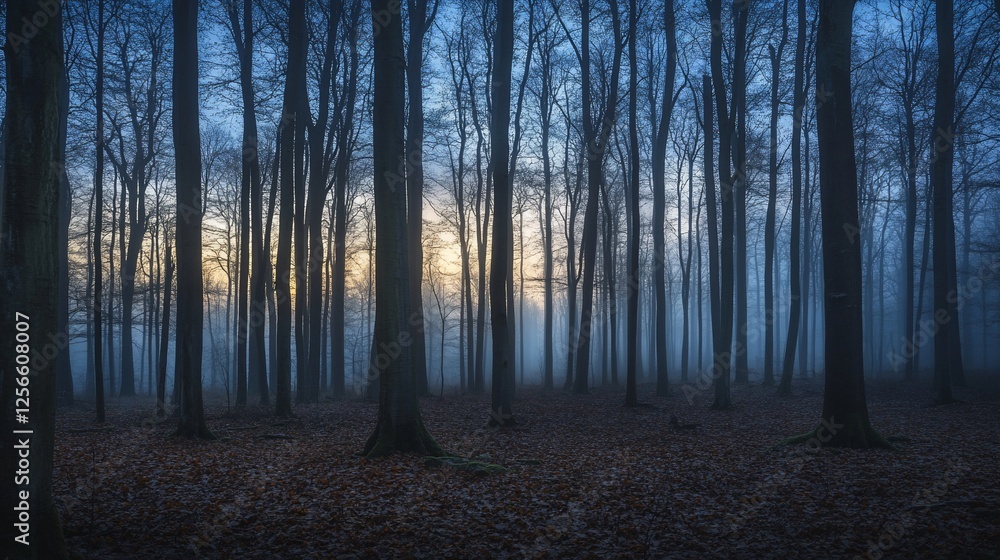 Naklejka premium Enchanted Forest at Dusk: A Mystical Sunrise Through Misty Trees