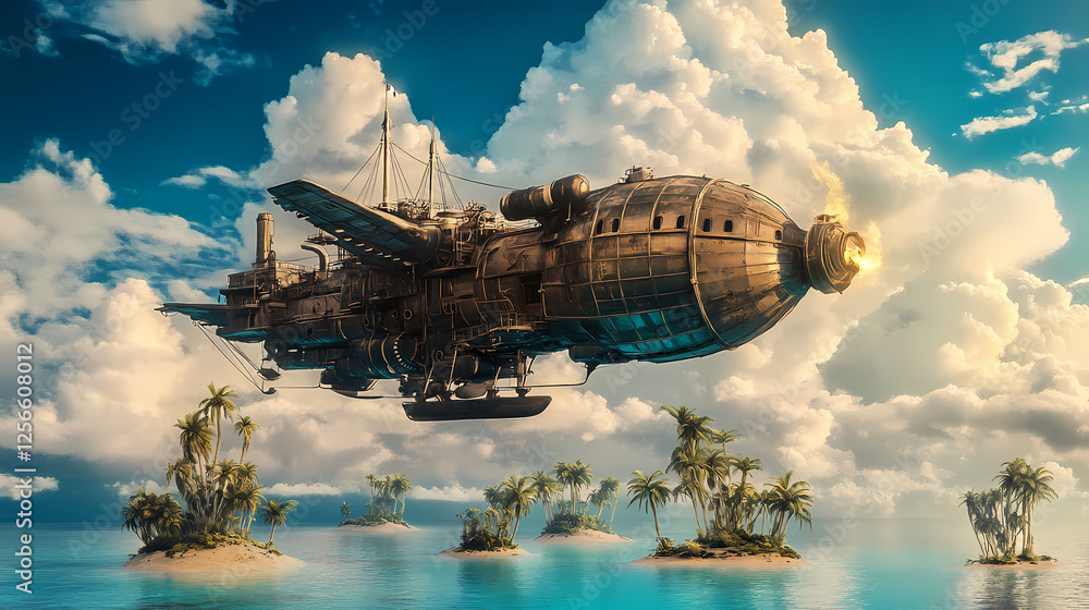 Steampunk airship soars above tropical isles, a breathtaking journey!. Steampunk Sky Islands. Illustration Steampunk airship soars above tropical isles, a breathtaking journey!. Steampunk Sky Islands. Illustration