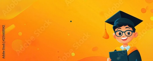 Asian young male graduate cartoon character on bright orange background