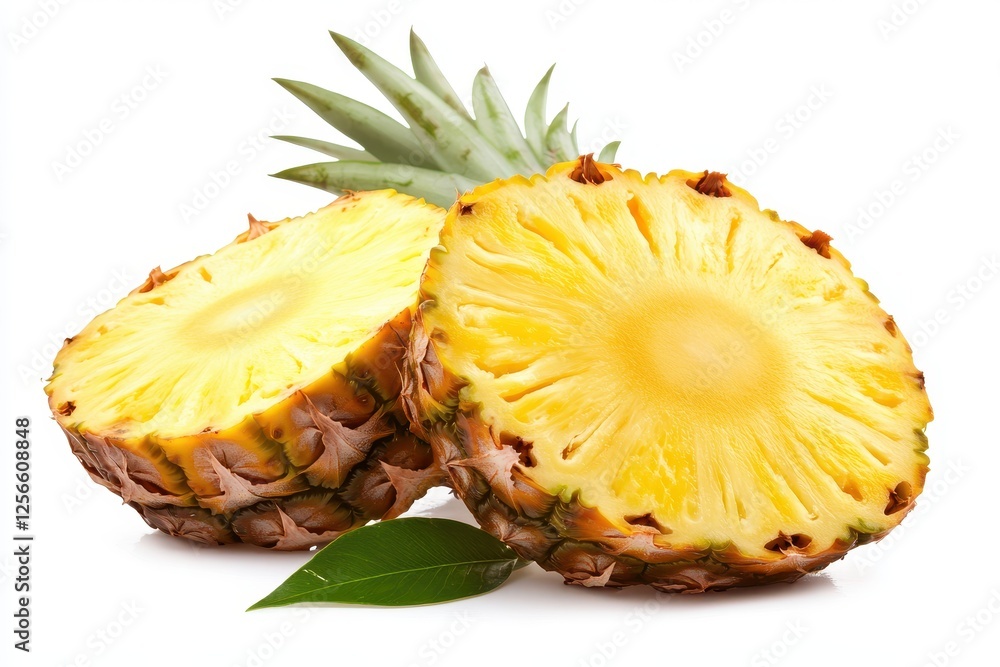 Isolated white background featuring a juicy yellow fruit with slices and leaves Isolated white background featuring a juicy yellow fruit with slices and leaves