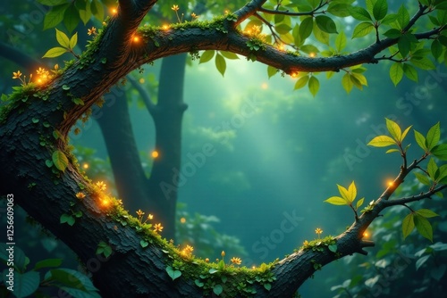 Leafy branches intertwined with glowing vines , mystic, glowing leaves