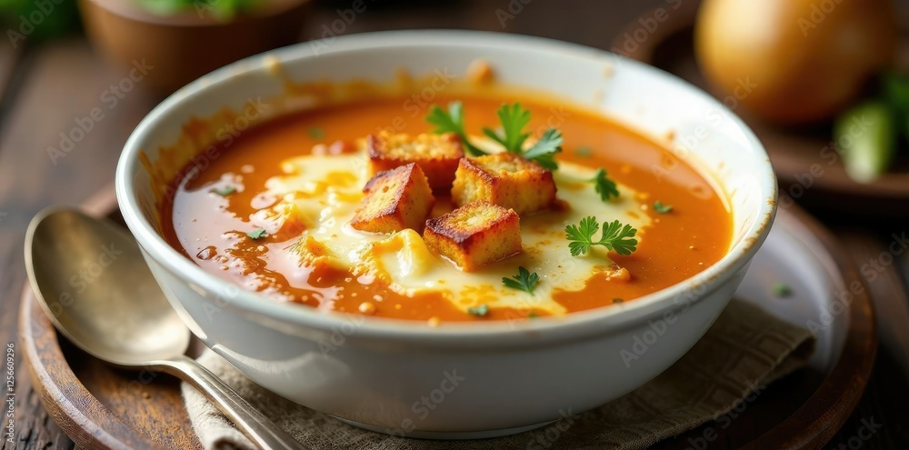 French onion soup in a white bowl with a layer of melted cheese and croutons, croutons, melt French onion soup in a white bowl with a layer of melted cheese and croutons, croutons, melt