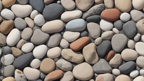 Harmony of the earth's treasures: A close-up showcases a beautifully arranged collection of smooth stones in various shapes, sizes, and colors, reflecting the serene beauty of nature's craftsmanship.
