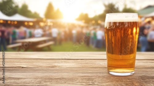 Refreshing craft beer served in a glass at a lively outdoor festival during golden hour photo