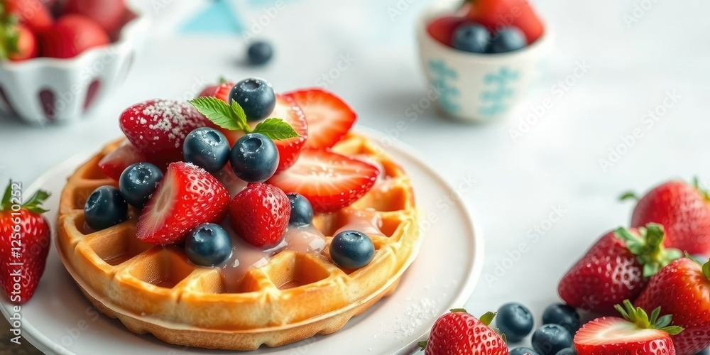 Freshly baked waffle topped with juicy strawberries and blueberries, tasty, bakery, fruit Freshly baked waffle topped with juicy strawberries and blueberries, tasty, bakery, fruit