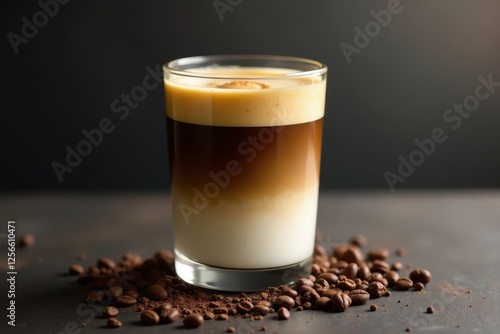 Strong dark coffee, creamy condensed milk, in traditional glass, texture, coffee beans photo