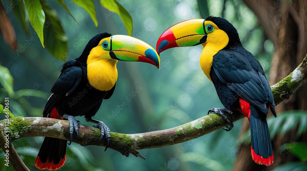 Obraz premium Colorful Toucans Perched Together on a Tropical Branch in a Vibrant Rainforest