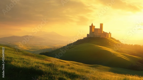 Majestic medieval castle perched on a lush green hill during a breathtaking sunset. Generative AI