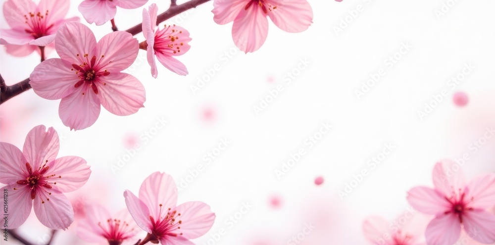 Delicate pink cherry blossoms border, white background, petals, airy Delicate pink cherry blossoms border, white background, petals, airy