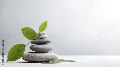 Pile de galets en équilibre sur fond gris. Galet plat et gris, avec branches, feuilles. Fond décor, nature pour conception et création graphique, élégant, calme, naturel	