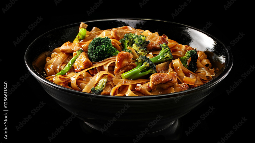 A satisfying serving of pad see ew, showcasing thick noodles stir-fried with chicken and fresh broccoli, all coated in a rich soy sauce A satisfying serving of pad see ew, showcasing thick noodles stir-fried with chicken and fresh broccoli, all coated in a rich soy sauce