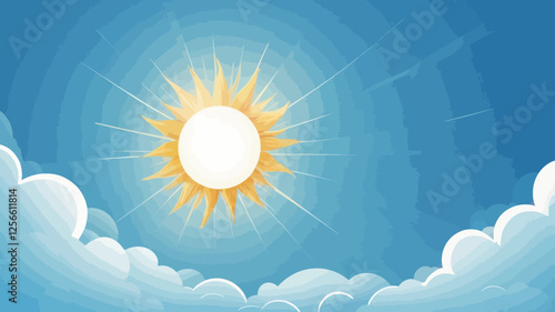 Sunshine Sky: A radiant sun shines brightly in a clear blue sky adorned with fluffy clouds, creating a vivid and inviting scene of warmth and optimism.
