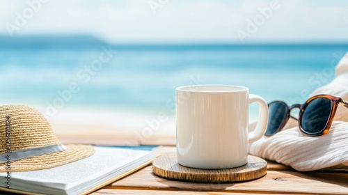  White mug mockup with wooden coaster on beach table, summer vacation essentials, sunglasses, hat, and ocean view