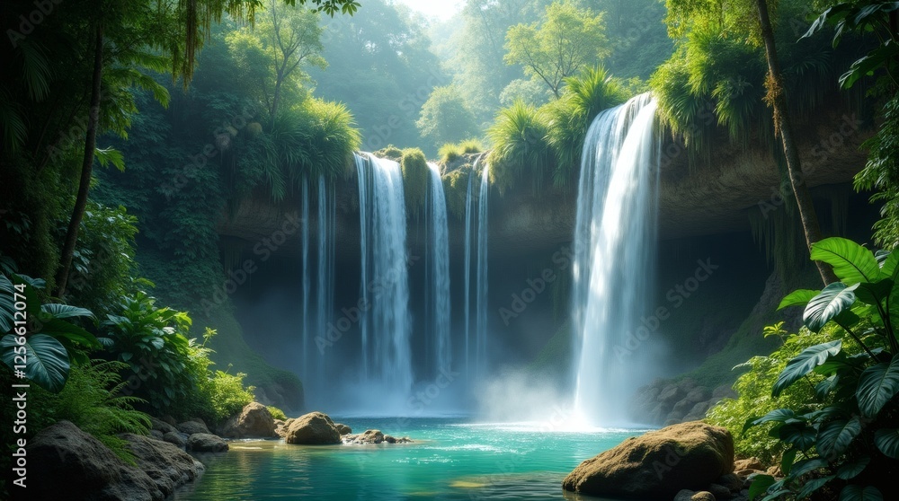 Fototapeta premium Misty Waterfall Hidden in a Tropical Rainforest