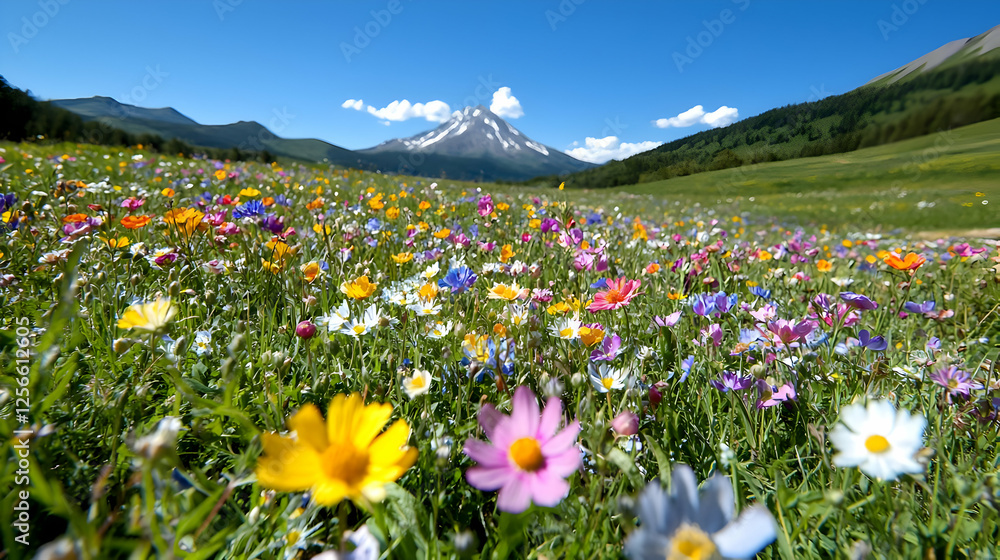 Wildflower meadow, mountain backdrop, sunny day, nature scenery, travel poster Wildflower meadow, mountain backdrop, sunny day, nature scenery, travel poster