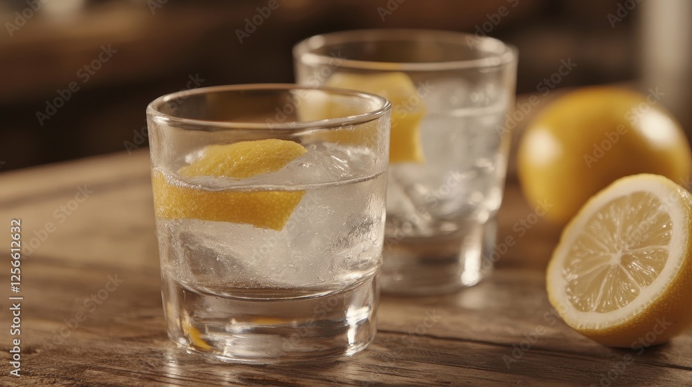 Two shots of tequila with ice and lemon flat vector illustration Two shots of tequila with ice and lemon flat vector illustration