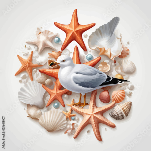 Seagull and Starfish Beach Ornament: A meticulously arranged assortment of starfish, seashells, and a charming seagull creates a captivating beach-themed ornament.