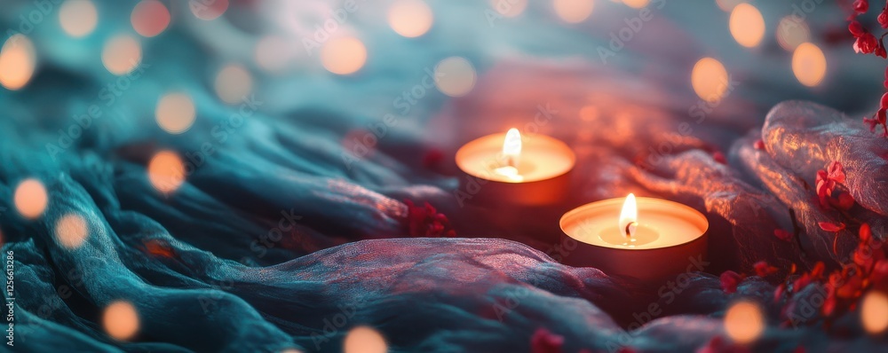 Warm candlelight on soft fabric with delicate bokeh and red flowers Warm candlelight on soft fabric with delicate bokeh and red flowers