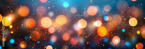 Abstract glittering lights background with bokeh, golden and blue colors. New Year or Christmas banner. Shiny light particles on a dark night sky. Abstract glowing lights for festive greeting card des