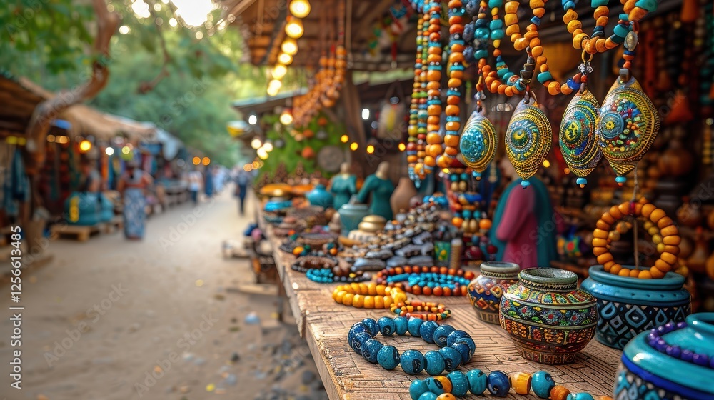 Fototapeta premium Colorful market scene showcasing handmade jewelry and crafts, with shoppers browsing in the background