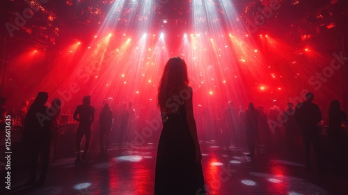Woman in a black dress stands in a vibrant nightclub with red lights and a lively crowd