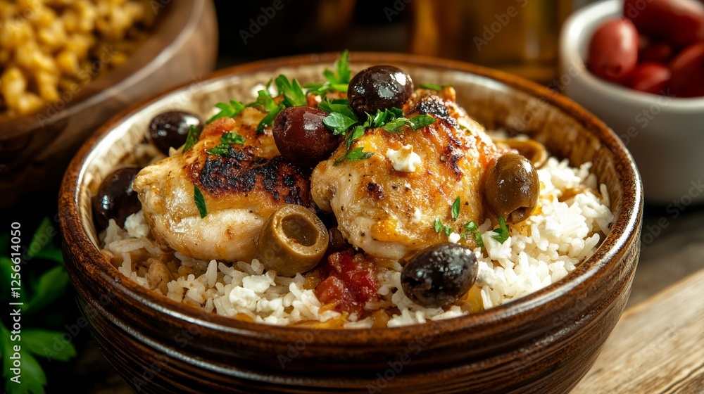 Image of rice and Mediterranean chicken with olives and feta cheese in a rustic bowl, emphasizing Mediterranean flavors and textures. Ideal for Mediterranean cuisine and hearty meals. Image of rice and Mediterranean chicken with olives and feta cheese in a rustic bowl, emphasizing Mediterranean flavors and textures. Ideal for Mediterranean cuisine and hearty meals.