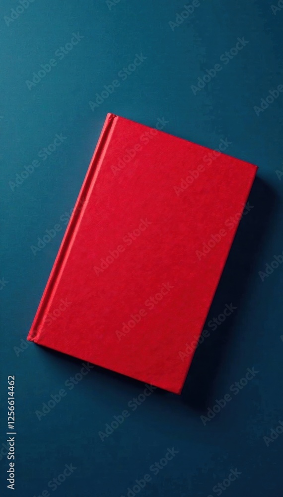 Fototapeta premium Red book cover floating on dark blue background, floating, color