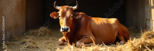 Serene zebu cow rests in hay-filled Indian cowshed , farm, farm animal, calm