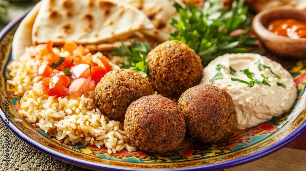 Image of rice and Mediterranean falafel with hummus and pita on a colorful plate, emphasizing crispy and savory qualities. Ideal for Mediterranean cuisine and healthy eating. Image of rice and Mediterranean falafel with hummus and pita on a colorful plate, emphasizing crispy and savory qualities. Ideal for Mediterranean cuisine and healthy eating.