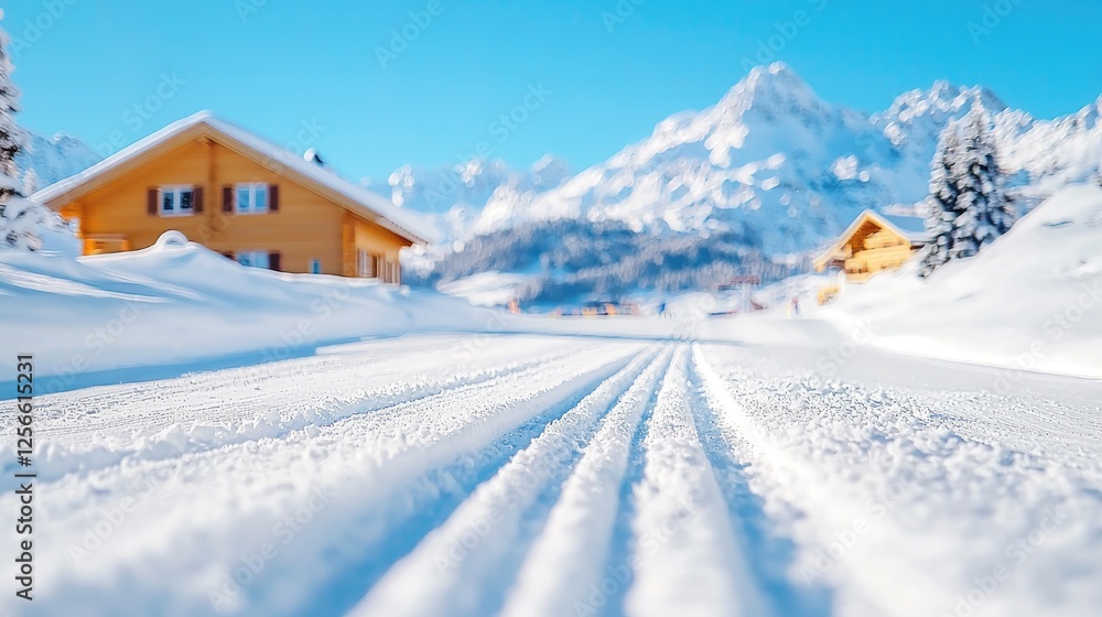 Snowy cross-country ski trail, Alpine village background Snowy cross-country ski trail, Alpine village background