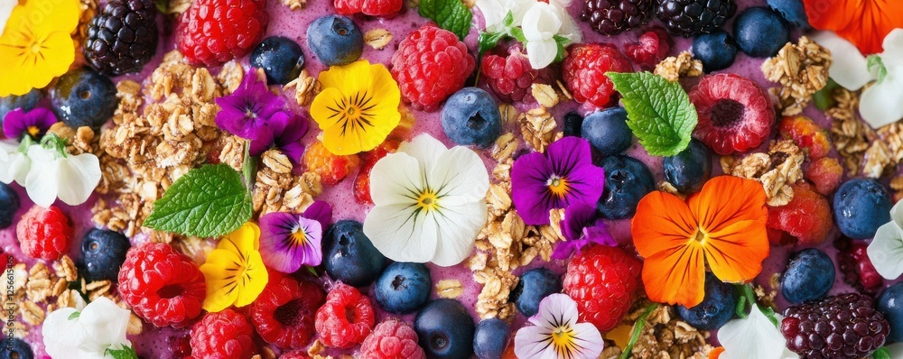 Fototapeta premium Vibrant mixed berry granola with edible flowers and fresh mint leaves