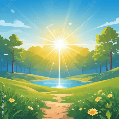 Sunlit Meadow: A vibrant illustration depicts a breathtaking meadow bathed in the golden rays of the rising sun. A winding path leads towards a serene lake.