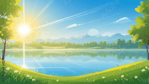 Tranquil lakeside vista bathed in sunlight: A serene waterscape, framed by lush greenery, reflects the clear blue sky and a radiant sun, offering a sense of peace and natural beauty.
