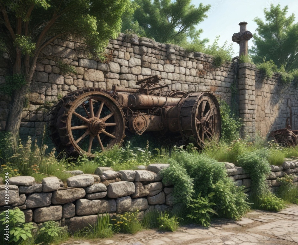 Obraz premium Rustic stone wall with overgrown vegetation and old machinery in the foreground, urban wilderness , grunge aesthetic, gritty texture