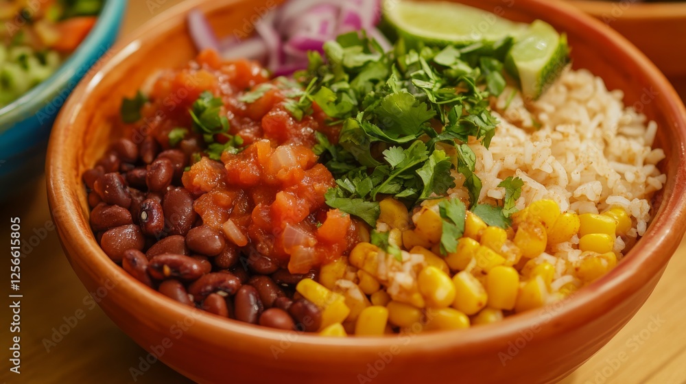 Image of rice and Mexican burrito bowl with beans and salsa in a colorful ceramic bowl, emphasizing vibrant and hearty aspects. Ideal for Mexican cuisine and casual meals. Image of rice and Mexican burrito bowl with beans and salsa in a colorful ceramic bowl, emphasizing vibrant and hearty aspects. Ideal for Mexican cuisine and casual meals.