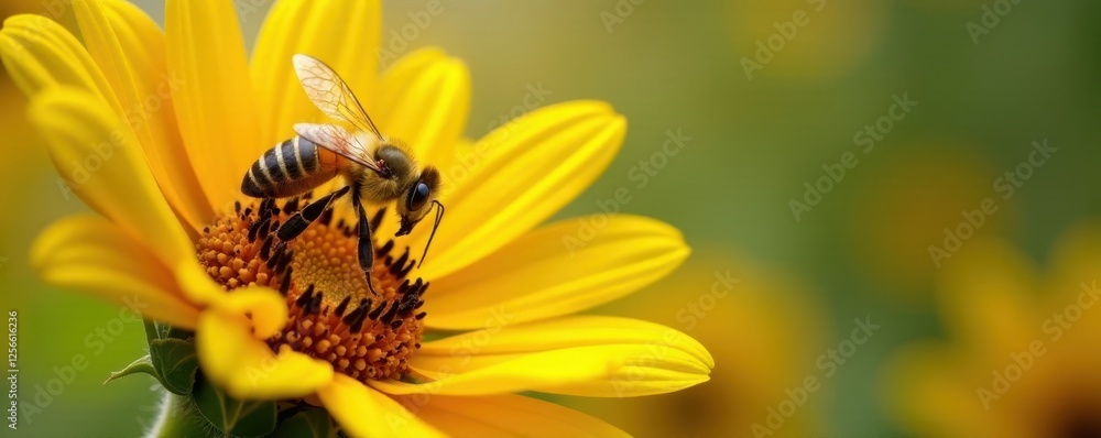 Honeybee on vibrant sunflower, wings outstretched, nectar, nature, wings