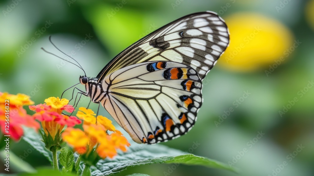 Butterfly feeding on lantana flowers in garden Butterfly feeding on lantana flowers in garden