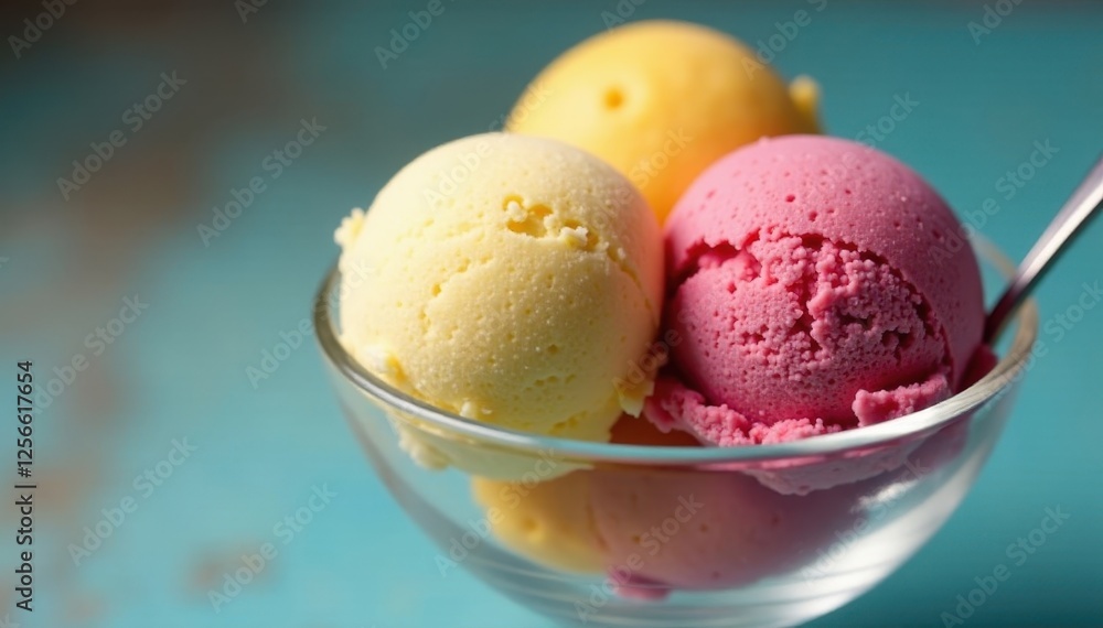 Close-up of colorful ice cream scoops in glass bowl, spoon , holiday, food