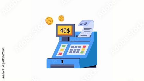 Cartoon Cash Register with Money Receipt and Coins Flat Vector Illustration isolated on White Background Finance Business Concept.
