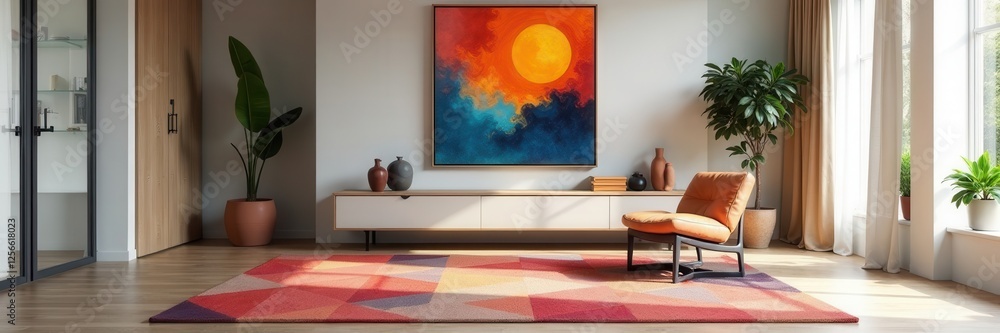Geometric rug, abstract art, modern shelving unit , art, modern style, decor