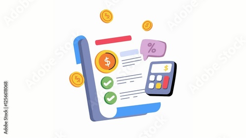 Flat Vector Illustration of Financial Planning Report with Calculator Coins and Percentage Bubble for Business Finance Accounting Concepts
