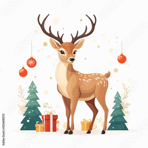Festive Reindeer: A charming illustrated reindeer, adorned with festive ornaments and gifts, embodying the spirit of the holidays and joy.