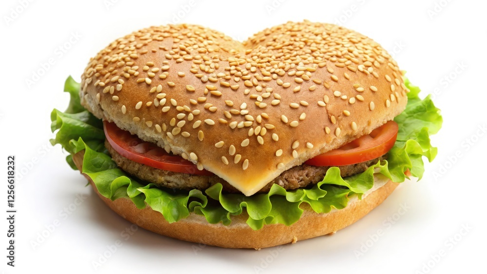 Heart-shaped Burger With Fresh Ingredients and Sesame Bun. Generative AI Heart-shaped Burger With Fresh Ingredients and Sesame Bun. Generative AI